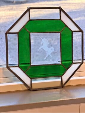 Octagonal Stained Glass Panel with Etched Unicorn - Green & White